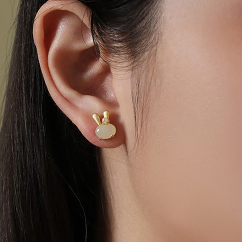 ATELIER-TIBET – Boucles d’Oreilles Lapin en Jade Hetian Naturel & Perles – Argent 925