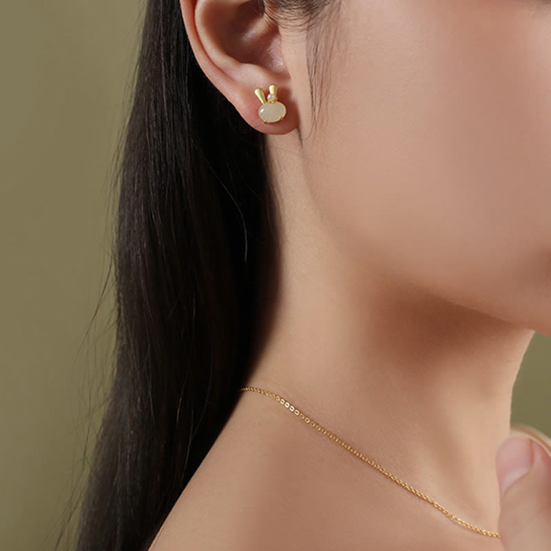 ATELIER-TIBET – Boucles d’Oreilles Lapin en Jade Hetian Naturel & Perles – Argent 925