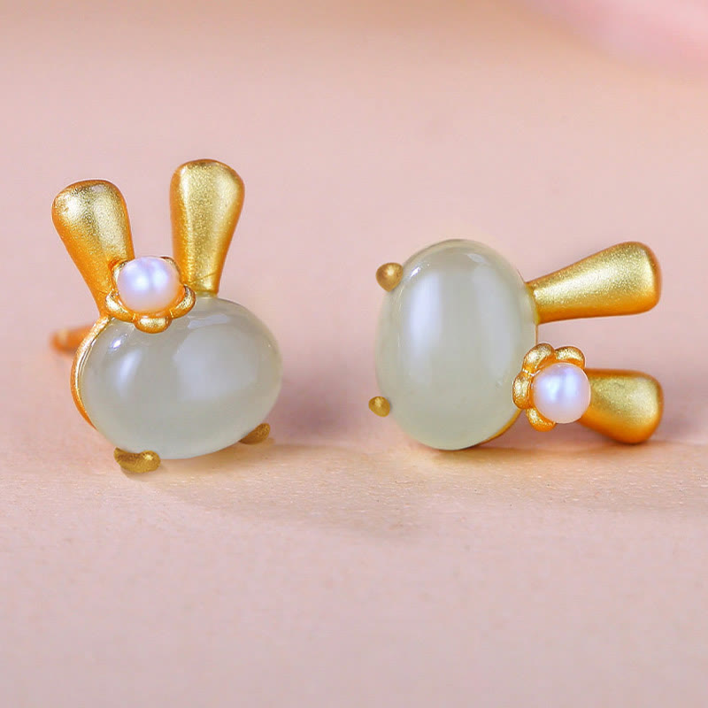 ATELIER-TIBET – Boucles d’Oreilles Lapin en Jade Hetian Naturel & Perles – Argent 925