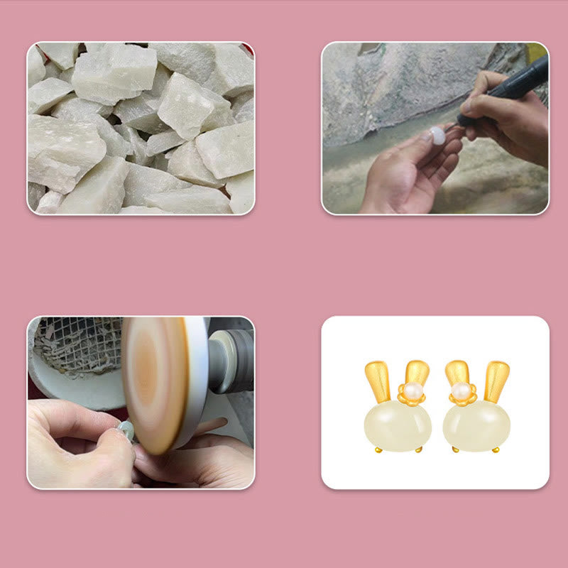 ATELIER-TIBET – Boucles d’Oreilles Lapin en Jade Hetian Naturel & Perles – Argent 925