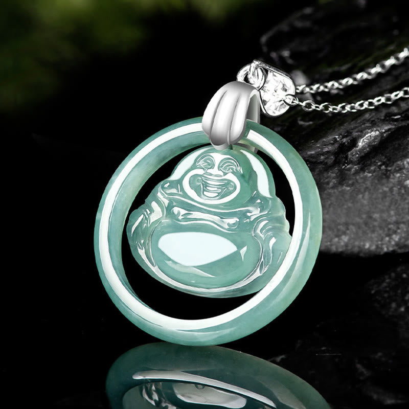ATELIER-TIBET Collier Bouddha Rieur en Jade Naturel et Argent 925