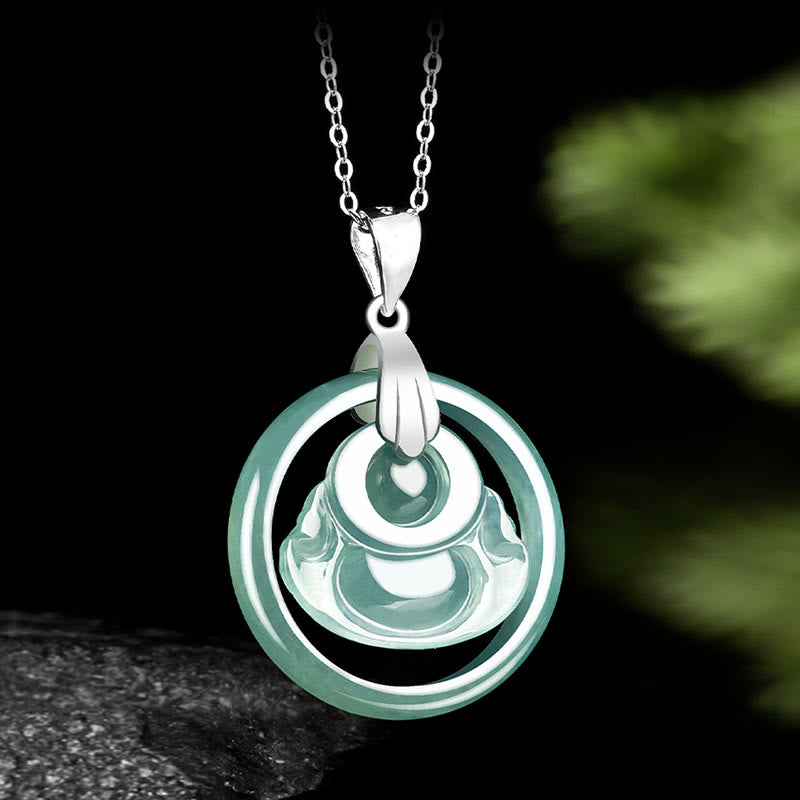 ATELIER-TIBET Collier Bouddha Rieur en Jade Naturel et Argent 925