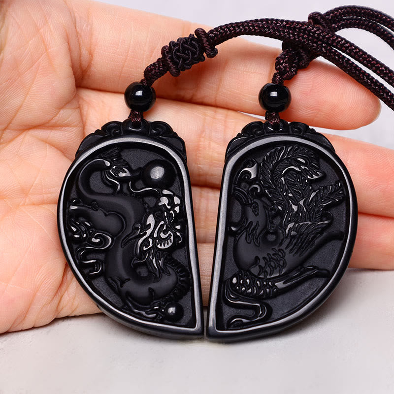 ATELIER-TIBET – Collier Dragon & Phénix en Obsidienne Noire Naturelle
