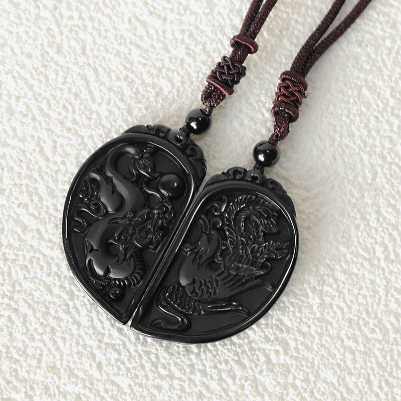 ATELIER-TIBET – Collier Dragon & Phénix en Obsidienne Noire Naturelle