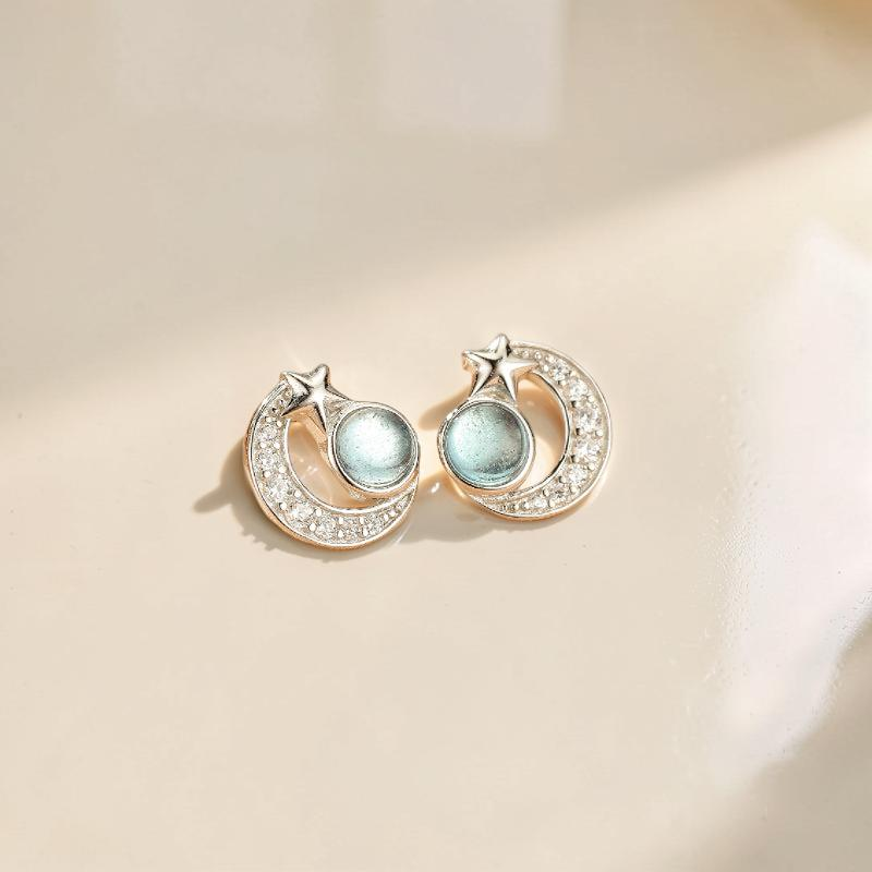 ATELIER-TIBET – Boucles d'oreilles Aigue marine – Étoile Lunaire, Argent