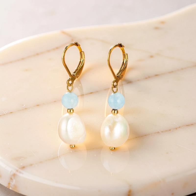 ATELIER-TIBET – Boucles d'oreilles Aigue marine et Perle – Pure Lumière