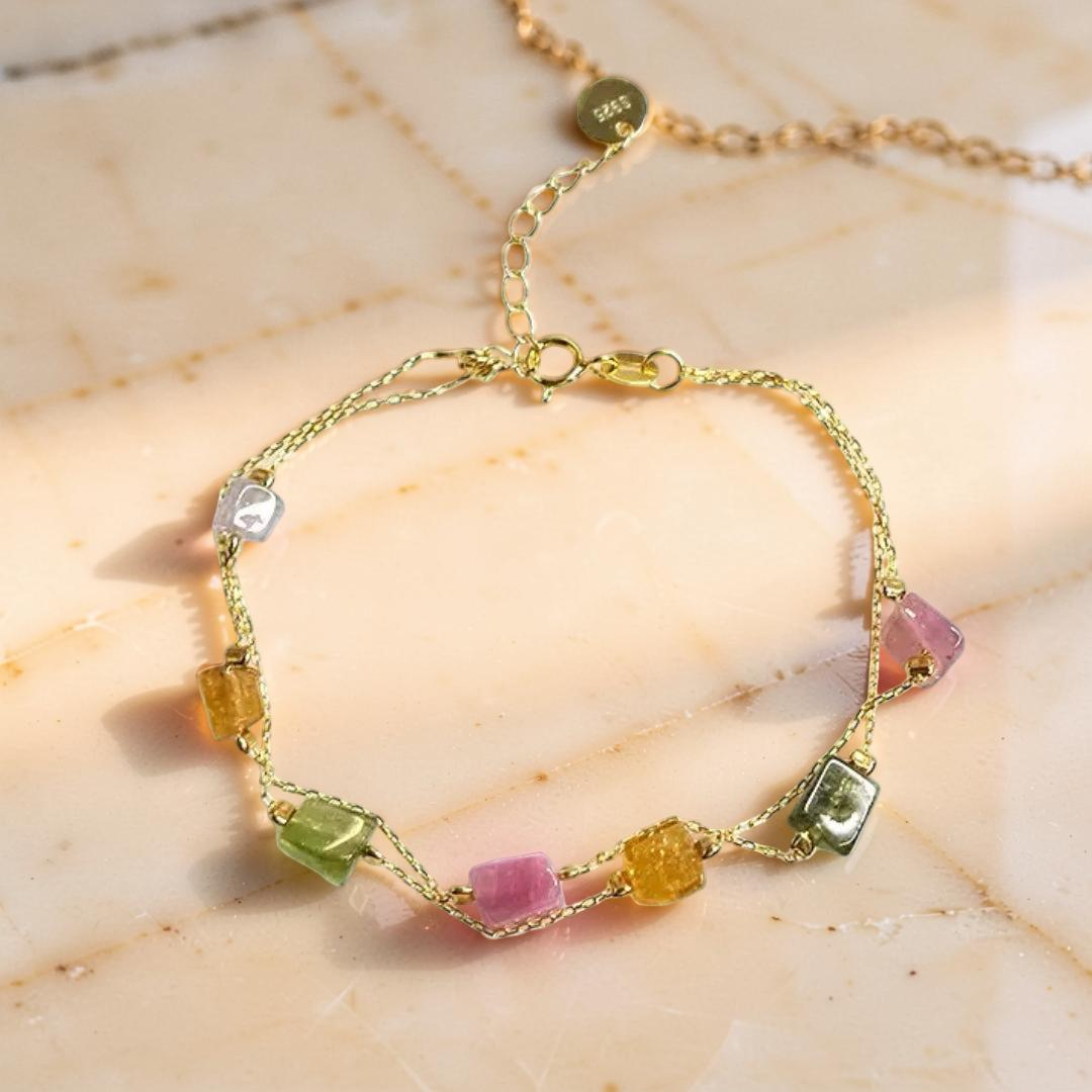 ATELIER-TIBET – Bracelet Tourmaline – Cristaux Bruts, Argent Plaqué Or