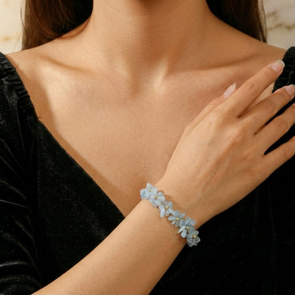 ATELIER-TIBET – Bracelet Aigue-Marine et Perle – Éclat Aquatique, Laiton plaqué or 14K