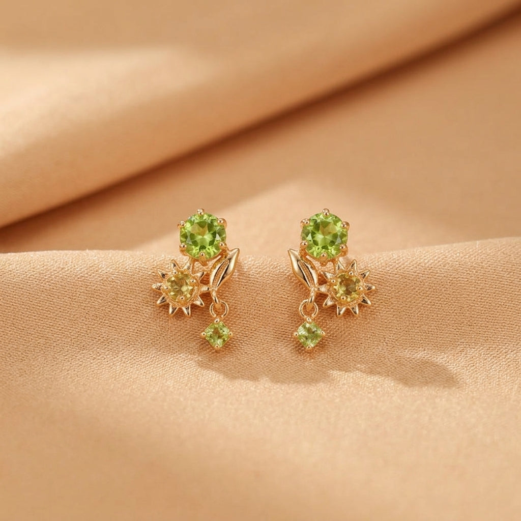 ATELIER-TIBET – Boucles d'Oreilles Péridot et Citrine – Fleur Ensoleillée, Argent Plaqué Or