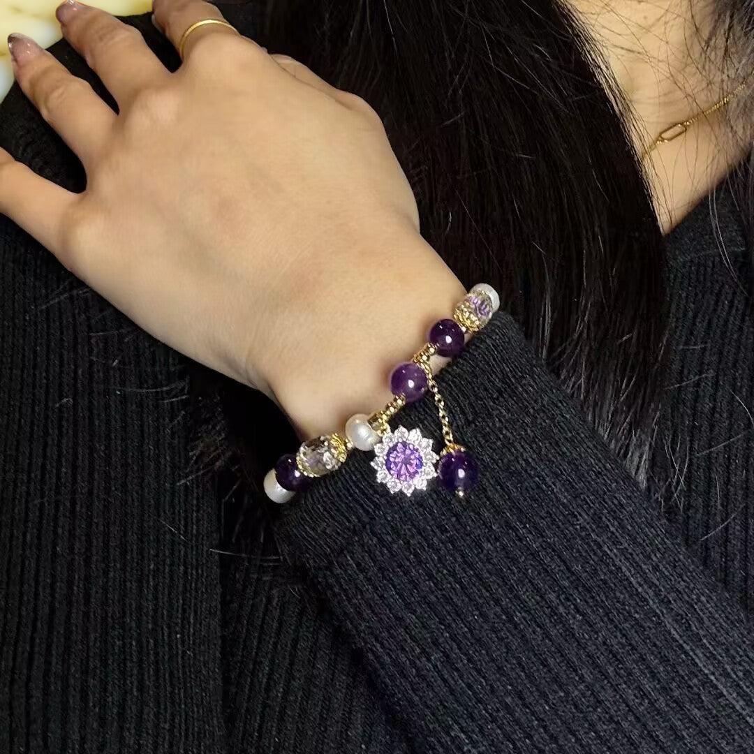 ATELIER-TIBET – Bracelet Améthyste et Perle – Fleur de Soleil