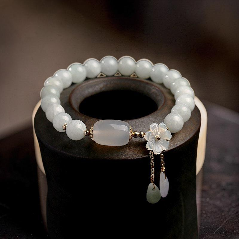 ATELIER-TIBET – Bracelet Jade Blanc et Agate – Porte Bonheur
