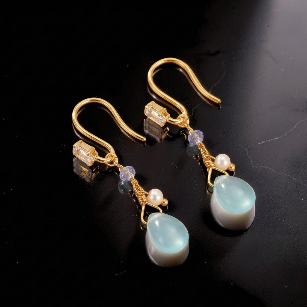 ATELIER-TIBET – Boucles d'Oreilles Topaze et Perle – Allure Marine, Argent Plaqué Or