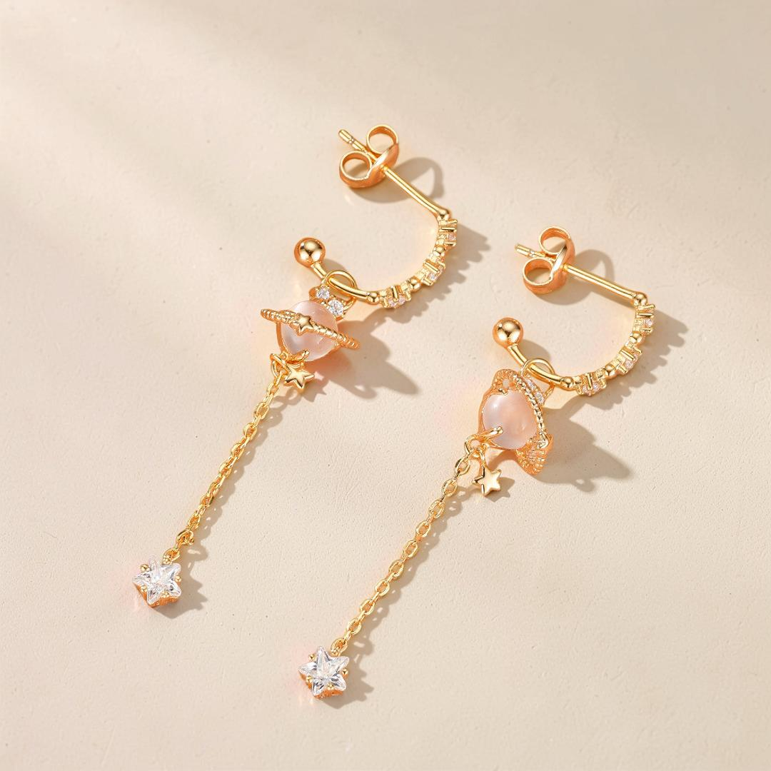 ATELIER-TIBET – Boucles d’Oreilles Quartz Rose – Galaxie Intérieure, Argent Plaqué Or 14K