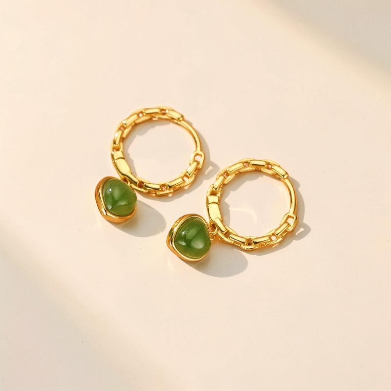 ATELIER-TIBET – Boucles d'Oreilles Jade – Cœur de Sérénité, Argent Plaqué Or