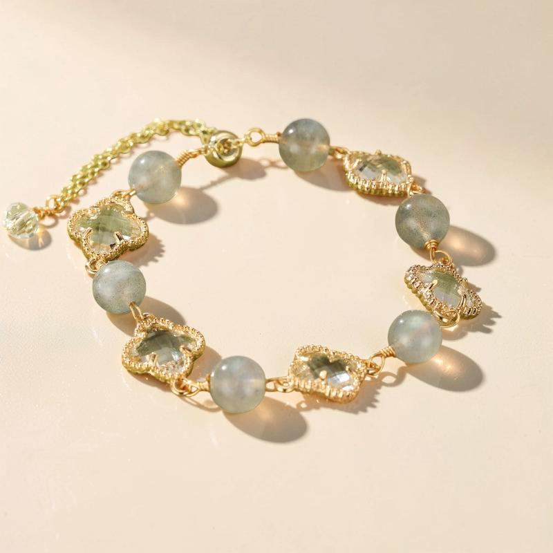 ATELIER-TIBET – Bracelet Labradorite et Cristal de Roche – Trèfle Porte-Bonheur