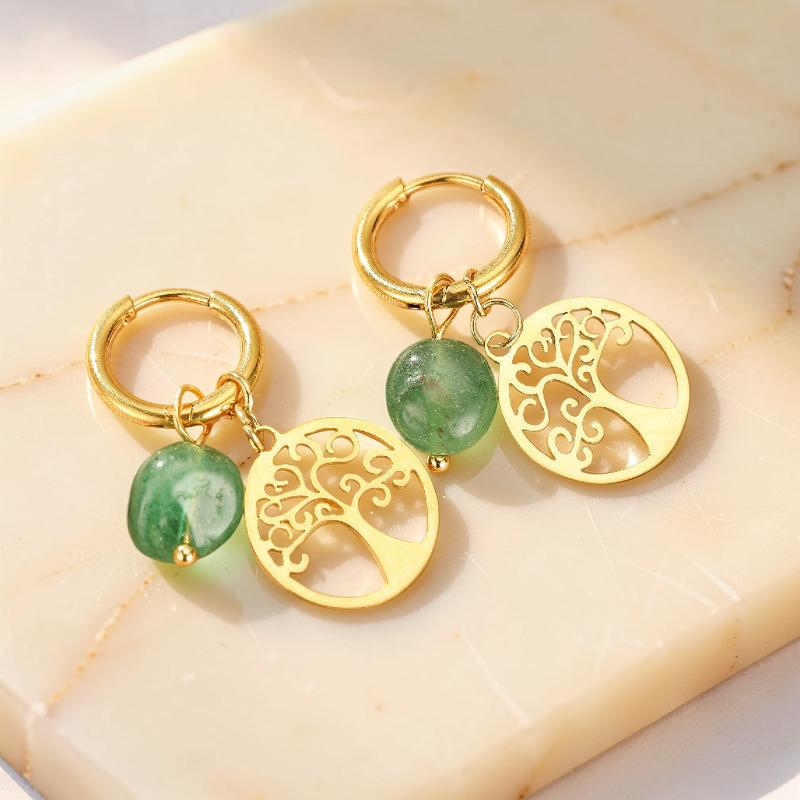 ATELIER-TIBET – Boucles d'Oreilles Pierres Naturelles et Arbre de Vie – Vie Sereine