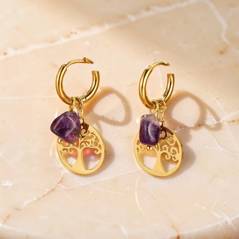 ATELIER-TIBET – Boucles d'Oreilles Pierres Naturelles et Arbre de Vie – Vie Sereine