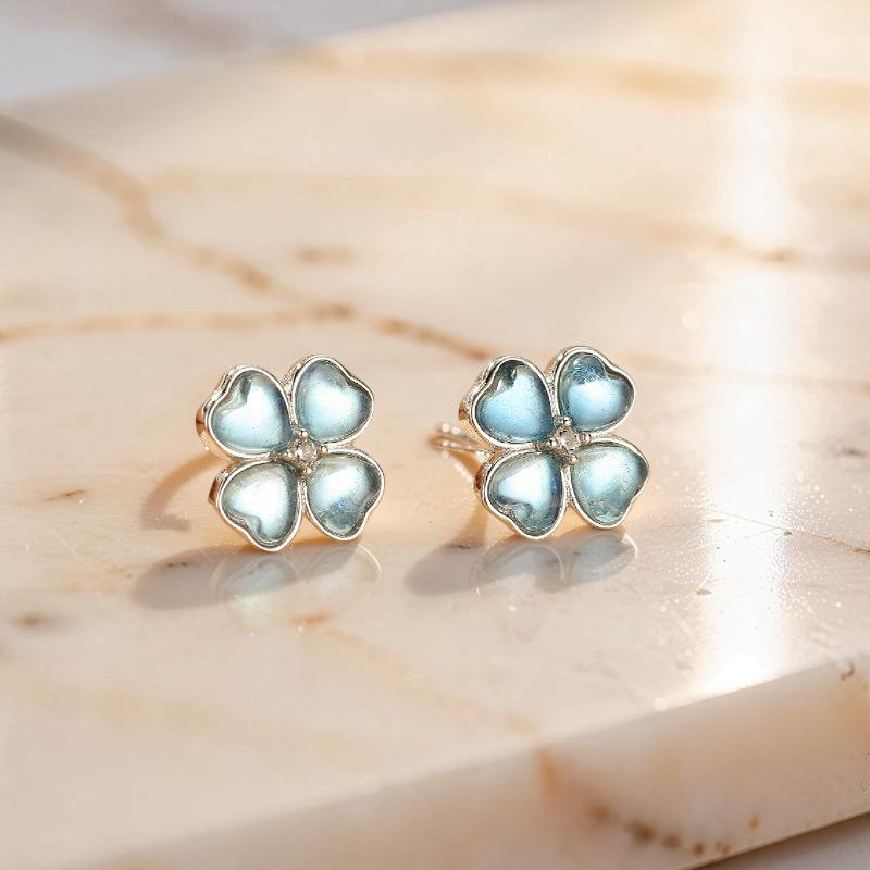 ATELIER-TIBET – Boucles d'oreilles Aigue marine – Trèfle Céleste, Argent