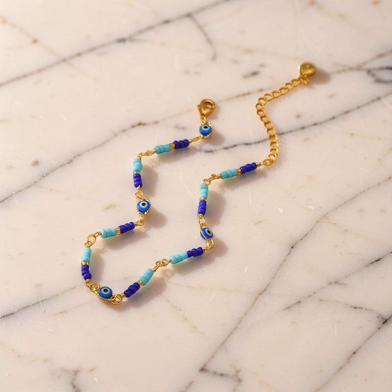 ATELIER-TIBET – Bracelet de Cheville Mauvais Œil – Caresse des Flots, Plaqué Or