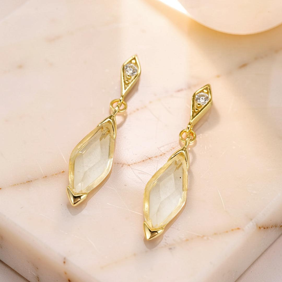 ATELIER-TIBET – Boucles d'Oreilles Cristal de Roche – Pluie Dorée, Argent Plaqué Or 14K