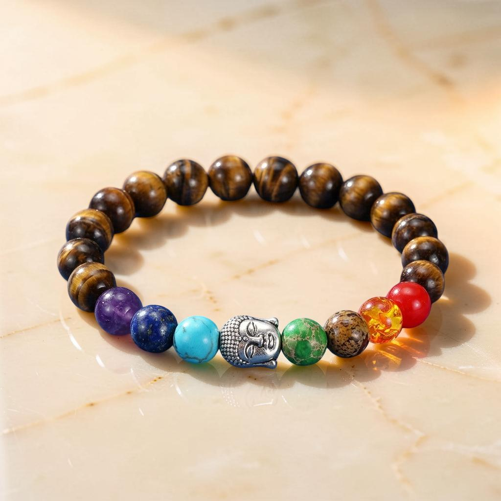ATELIER-TIBET – Bracelet 7 Chakras Œil de Tigre et Pierres Naturelles - Bouddha