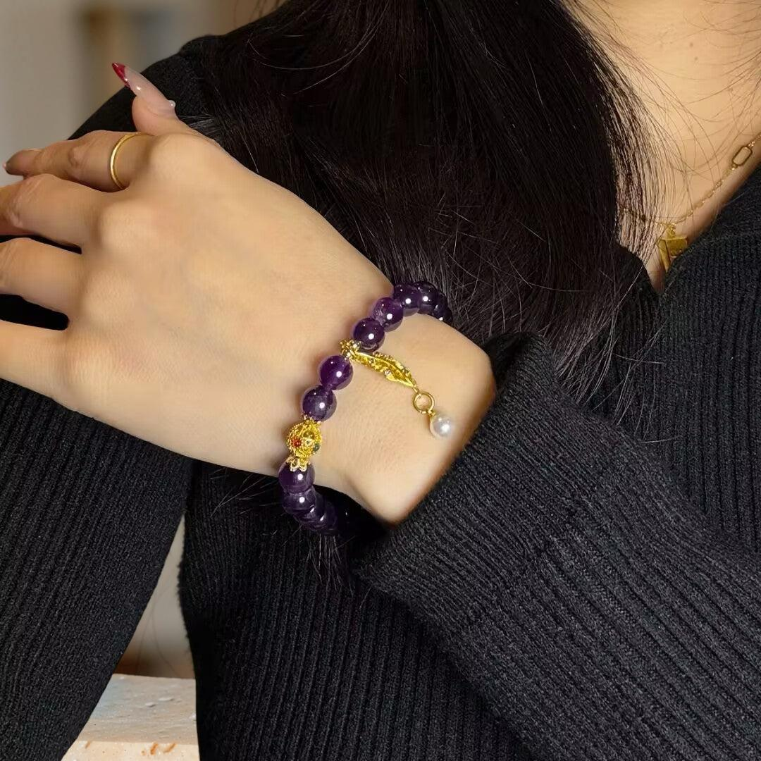 ATELIER-TIBET – Bracelet Améthyste et Perle – Feuille Dorée
