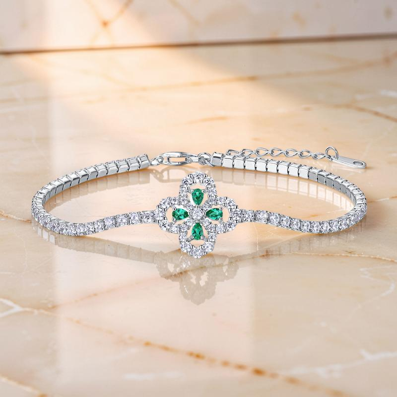ATELIER-TIBET – Bracelet Émeraude Trèfle – Chance Étincelante, Argent