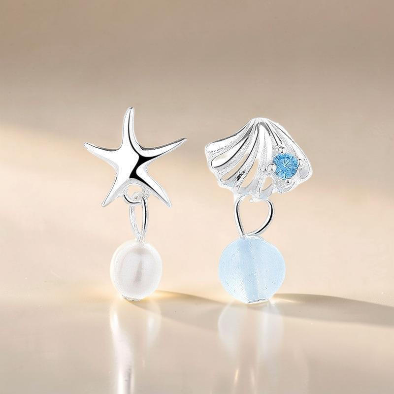 ATELIER-TIBET – Boucles d'oreilles Aigue marine et Perle – Étoile de l'Océan, Argent