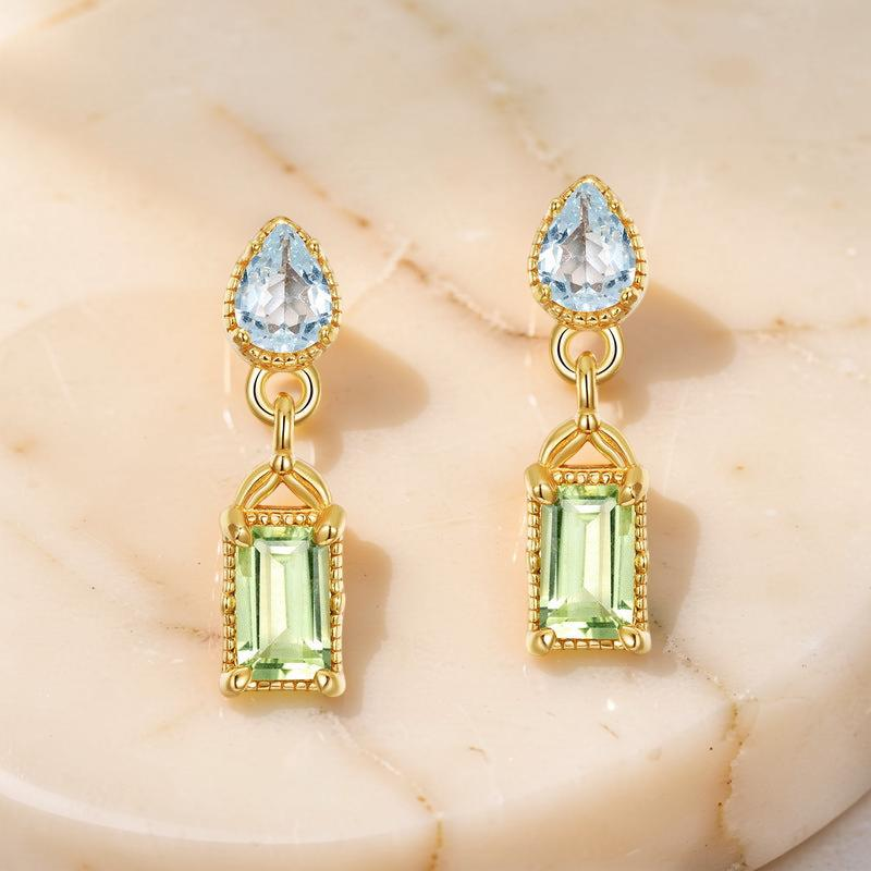 ATELIER-TIBET – Boucles d'Oreilles Péridot et Topaze – Géométrie Raffinée, Argent Plaqué Or