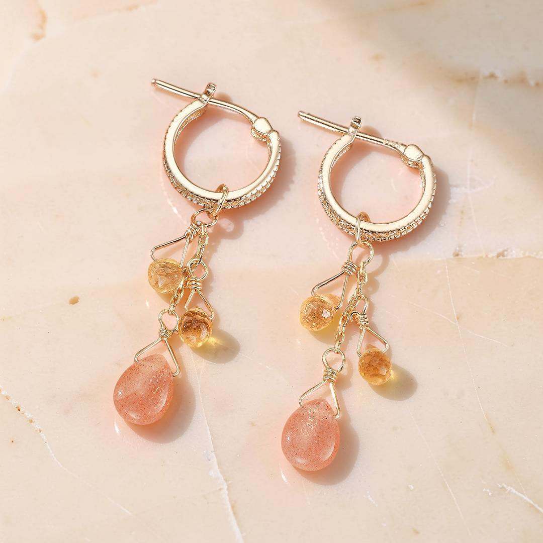 ATELIER-TIBET – Boucles d'Oreilles Pierre de Soleil et Citrine – Rayons Bohèmes, Argent Plaqué Or