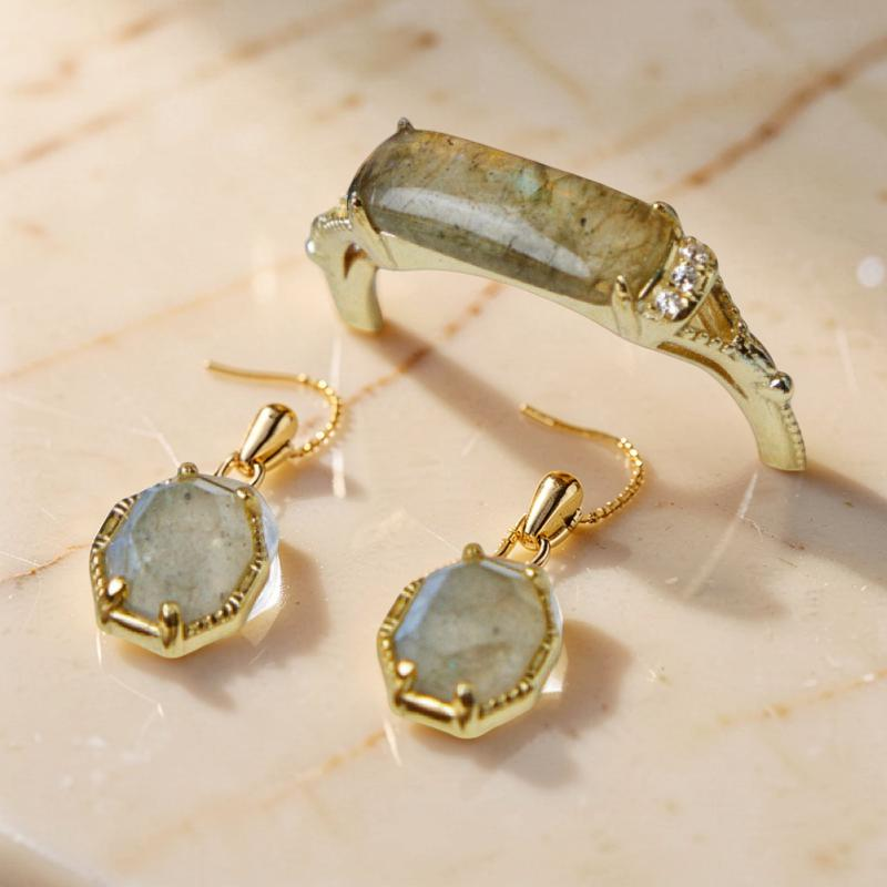 ATELIER-TIBET – Boucles d'Oreilles Labradorite – Élan Lustré, Argent Plaqué Or