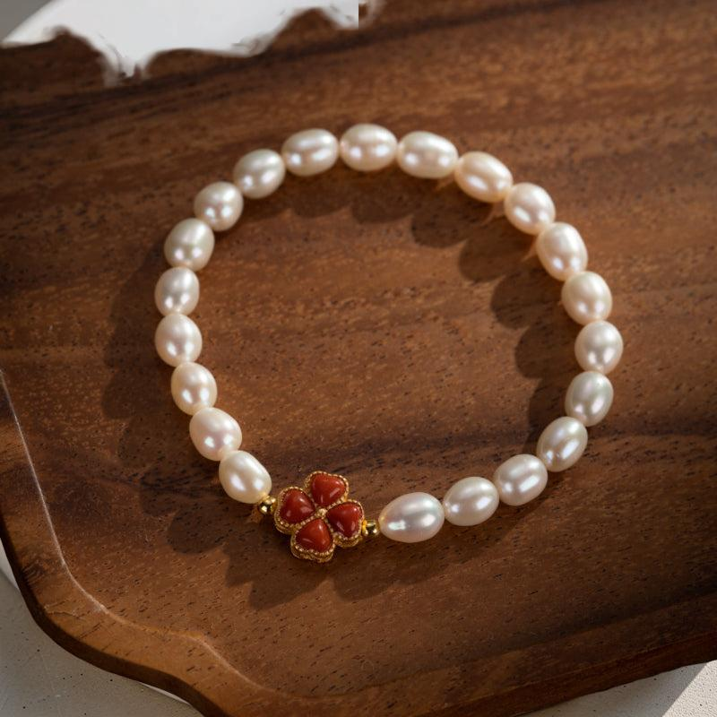 ATELIER-TIBET – Bracelet Perle – Trèfle Charmant, Argent Plaqué Or