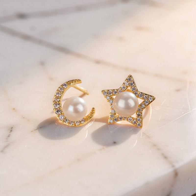 ATELIER-TIBET – Boucles d'Oreilles Perle – Étoile Lunaire, Plaqué Or