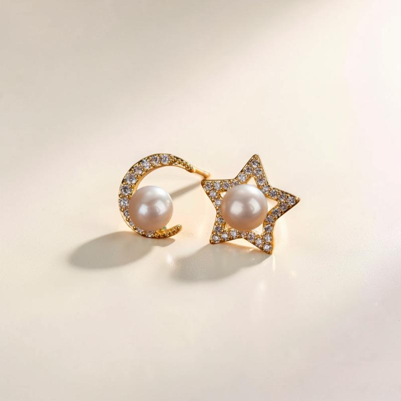 ATELIER-TIBET – Boucles d'Oreilles Perle – Étoile Lunaire, Plaqué Or