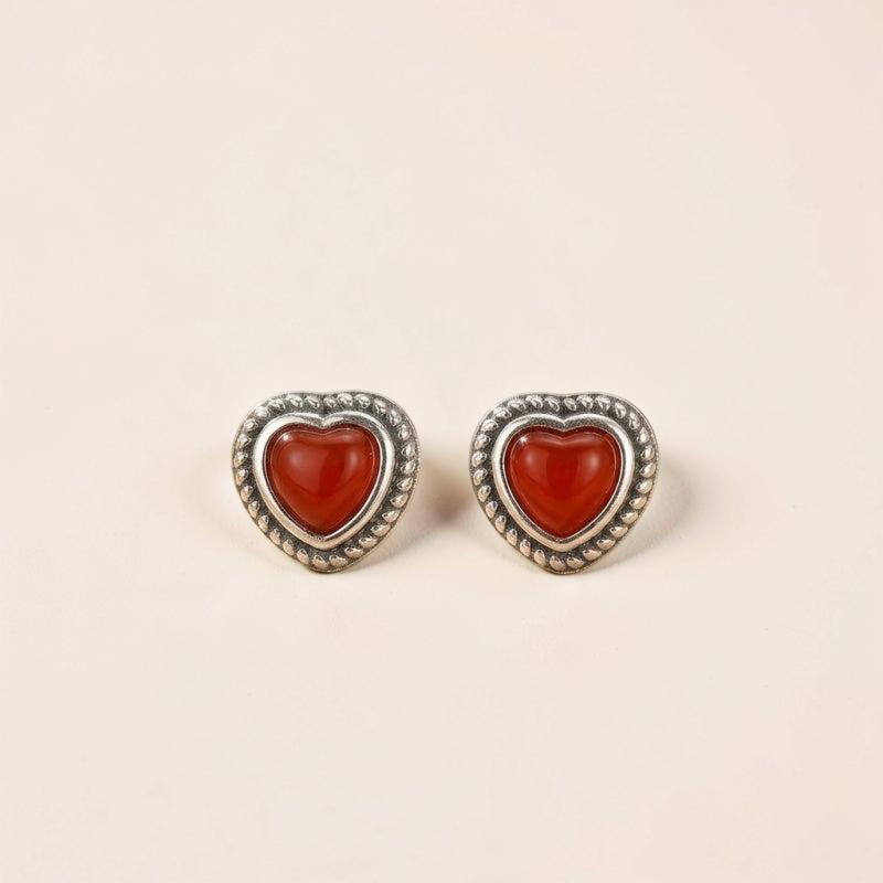 ATELIER-TIBET – Boucles d'Oreilles Agate Rouge – Cœur Passion, Argent