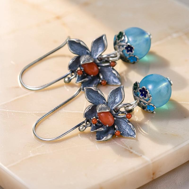 ATELIER-TIBET – Boucles d'Oreilles Aigue Marine – Lotus Sérénité, Argent