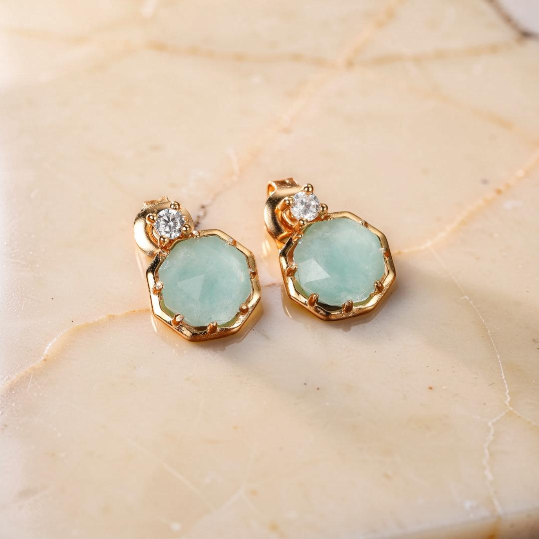 ATELIER-TIBET – Boucles d'Oreilles Amazonite et Cristal de Roche – Danse des Étoiles, Argent Plaqué Or