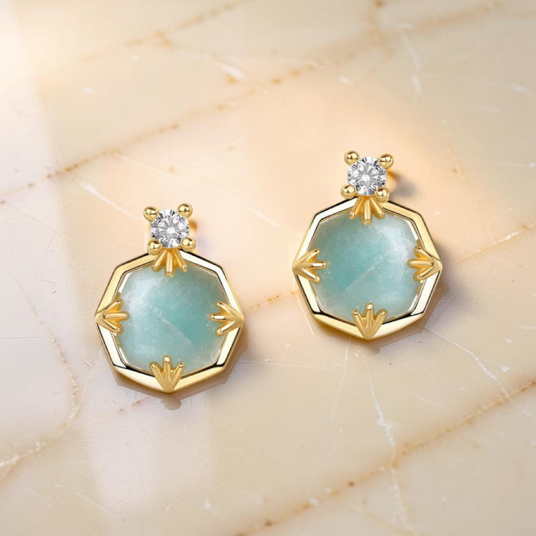 ATELIER-TIBET – Boucles d'Oreilles Amazonite et Cristal de Roche – Danse des Étoiles, Argent Plaqué Or