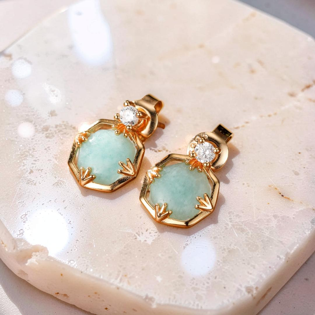 ATELIER-TIBET – Boucles d'Oreilles Amazonite et Cristal de Roche – Danse des Étoiles, Argent Plaqué Or