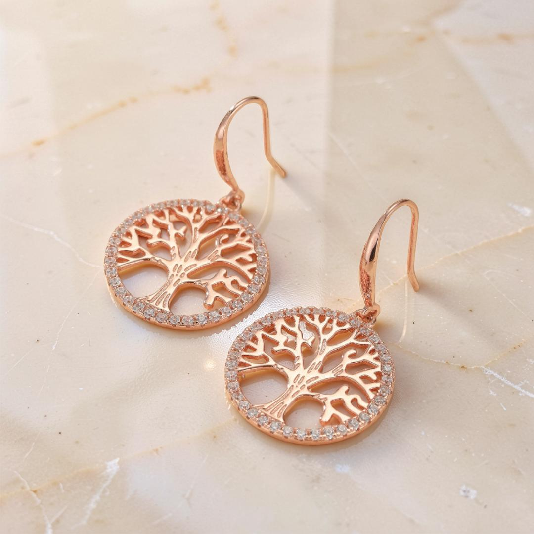 ATELIER-TIBET – Boucles d'Oreilles Arbre de Vie – Renouveau, Argent Plaqué Or Rose