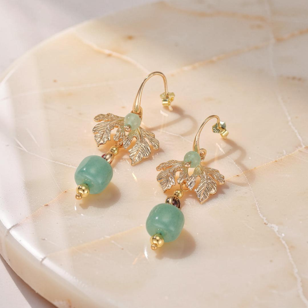 ATELIER-TIBET – Boucles d'Oreilles Aventurine – Cœur Vert, Plaqué Or
