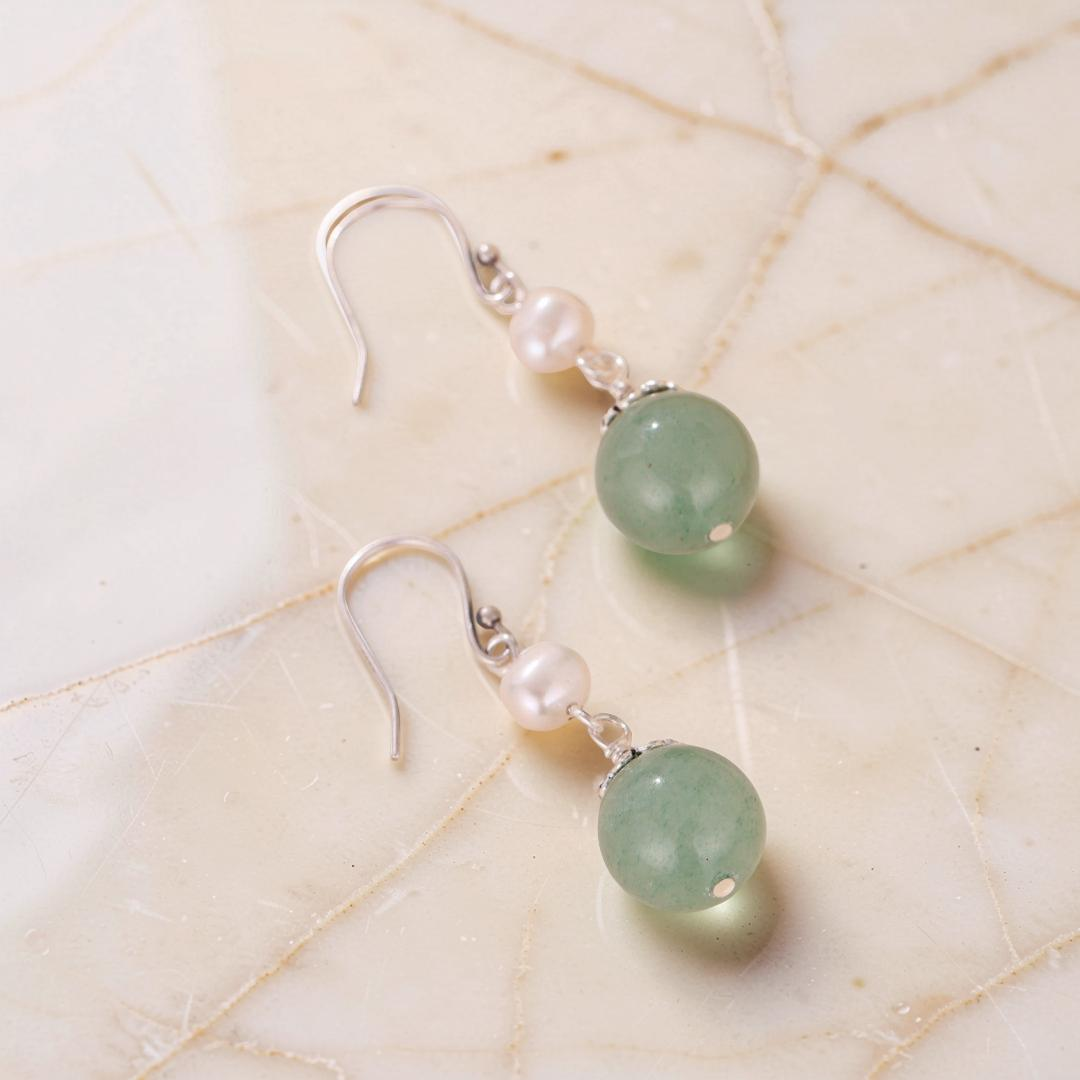 ATELIER-TIBET – Boucles d'Oreilles Aventurine et Perle – Éclat Naturel, Argent
