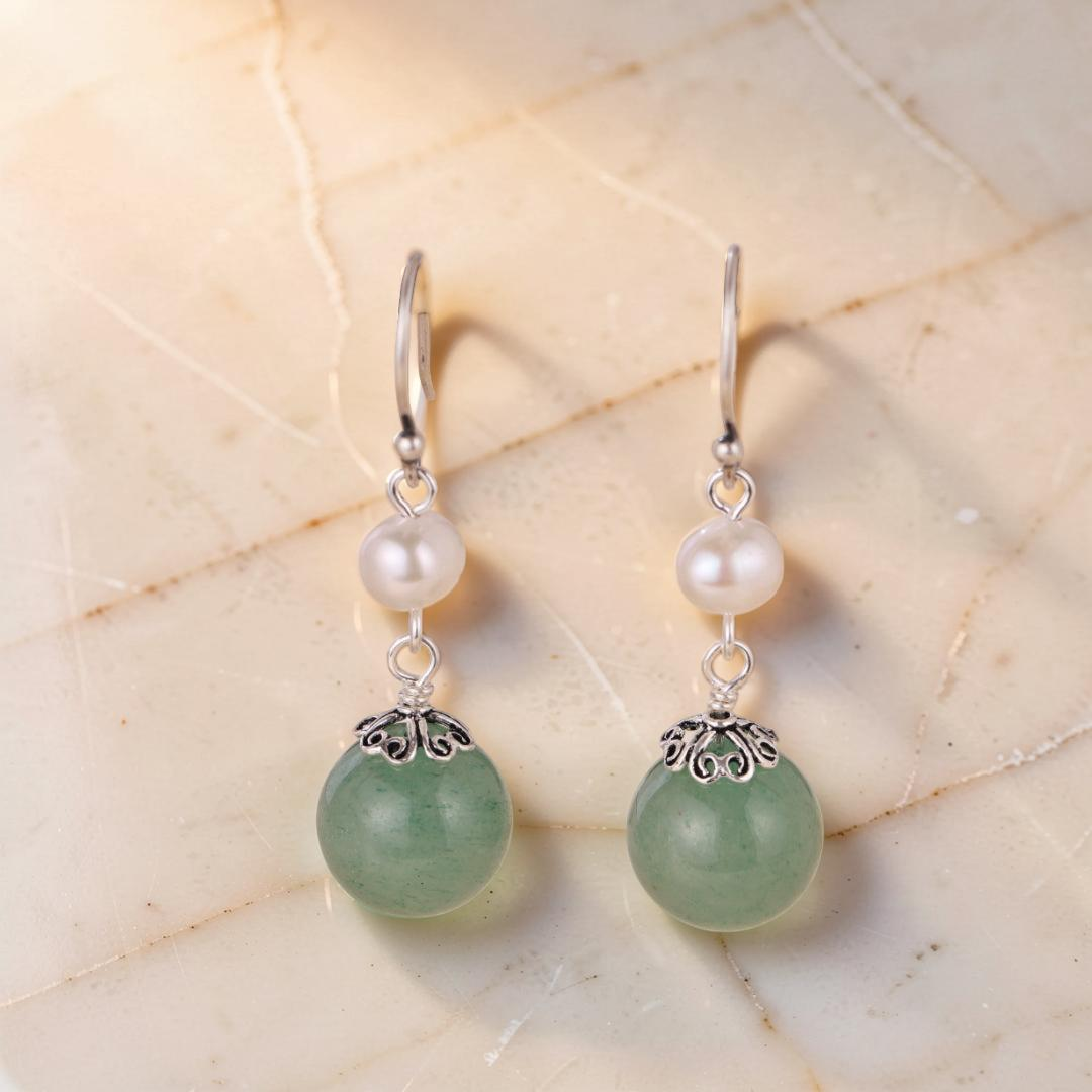 ATELIER-TIBET – Boucles d'Oreilles Aventurine et Perle – Éclat Naturel, Argent