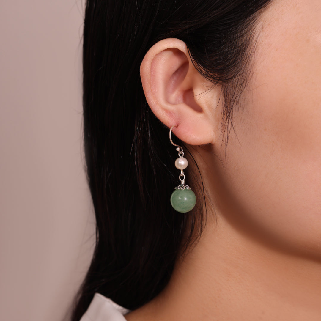 ATELIER-TIBET – Boucles d'Oreilles Aventurine et Perle – Éclat Naturel, Argent