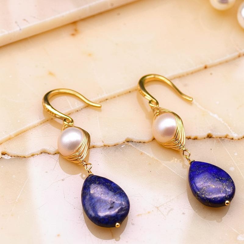 ATELIER-TIBET – Boucles d'Oreilles Perles et Lapis Lazuli - Blanc et Bleu