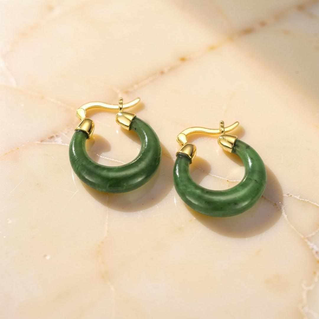 ATELIER-TIBET – Boucles d'Oreilles Créoles Jade – Sérénité, Argent Plaqué Or