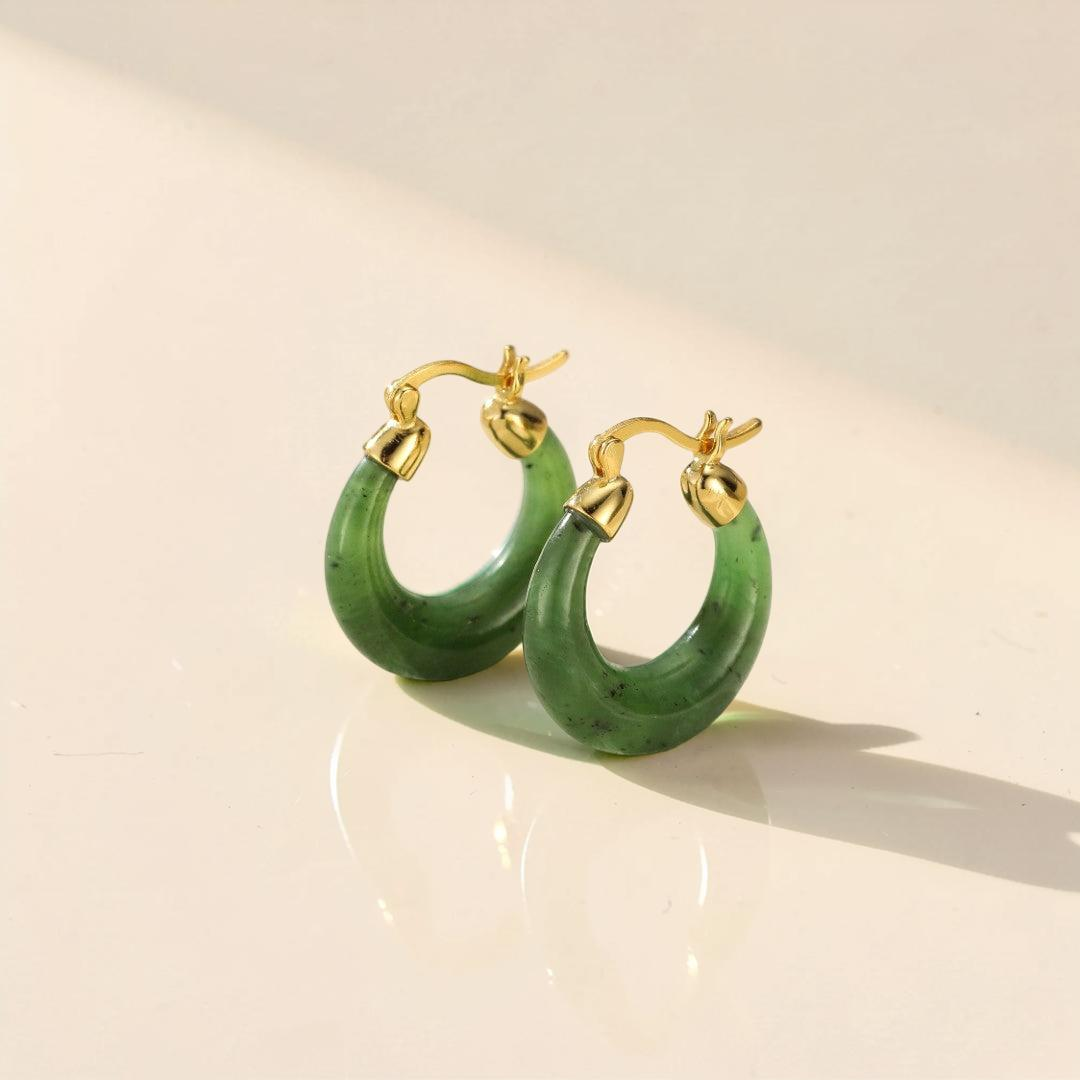 ATELIER-TIBET – Boucles d'Oreilles Créoles Jade – Sérénité, Argent Plaqué Or