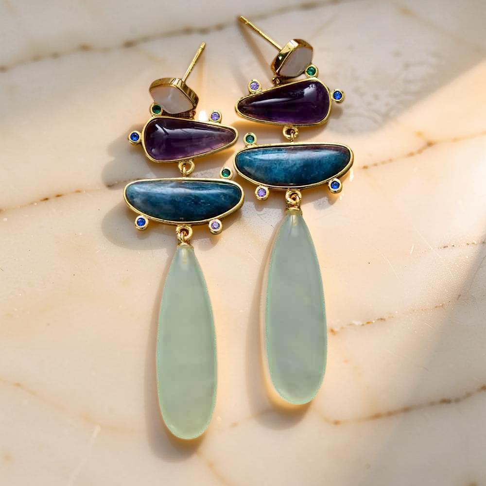ATELIER-TIBET – Boucles d'Oreilles Jade, Améthyste et Apatite – Éclat Serein