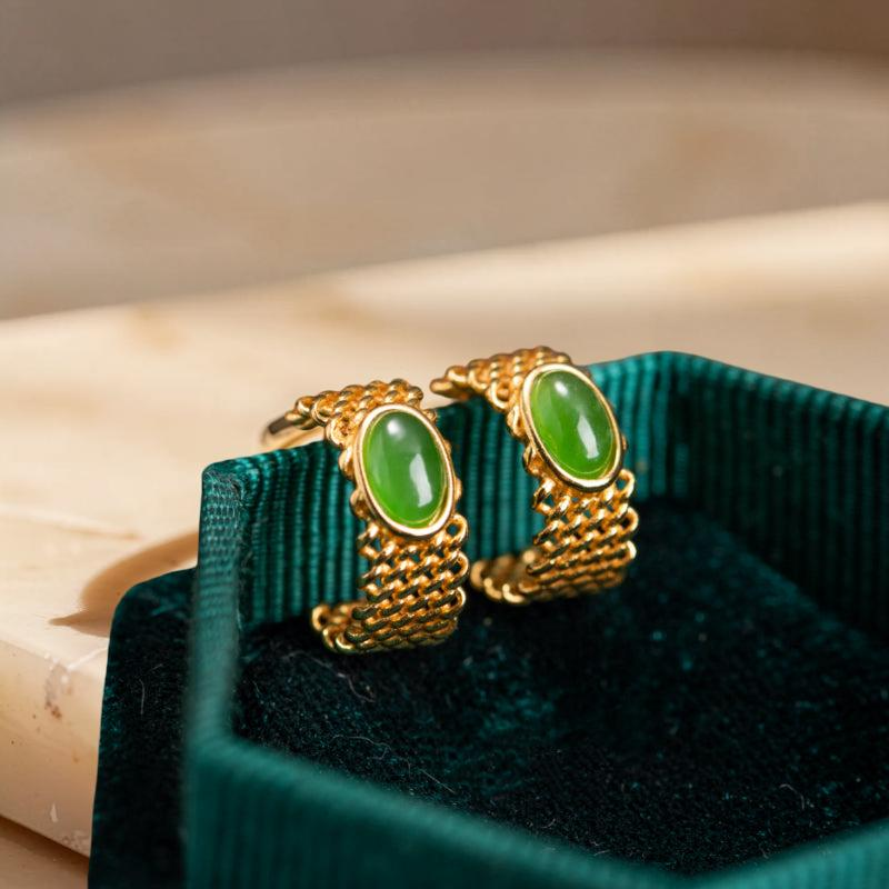 ATELIER-TIBET – Boucles d'Oreilles Jade – Élégance Raffinée, Argent Plaqué Or