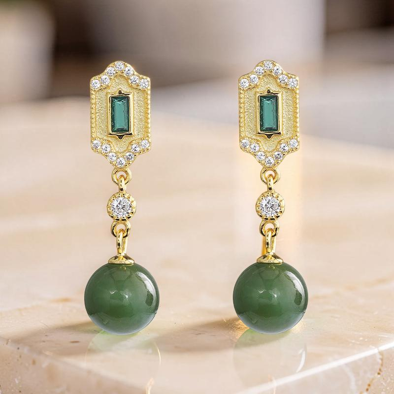 ATELIER-TIBET – Boucles d'Oreilles Jade et Émeraude – Réussite, Argent 925